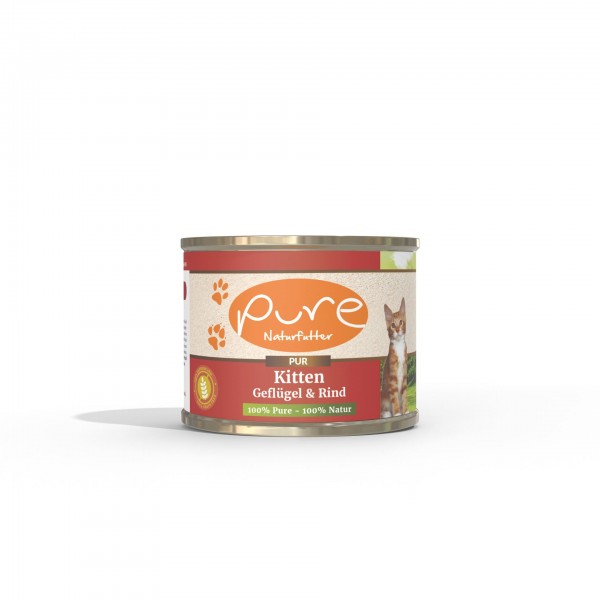 PURE Naturfutter Katzenmenü KITTEN Geflügel & Rind Pur 195g